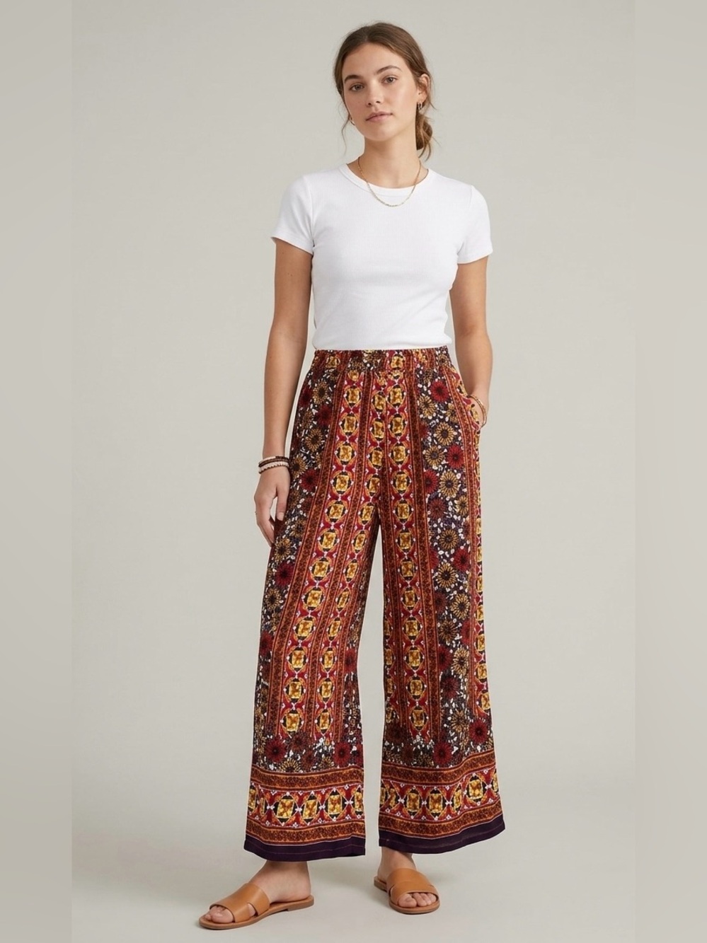 Boho Wide Leg Printed Pants for Women | Floral Geometric Elastic High Waist